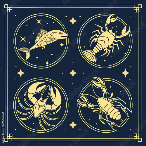 Elegant celestial animal zodiac signs illustrated with sophisticated gold accents perfect for astrological and mystical designs