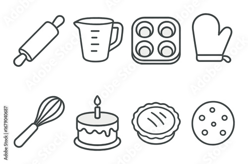 Baking essentials icons: rolling pin, measuring cup, muffin tray, oven mitt, whisk, cake, pie, cookie