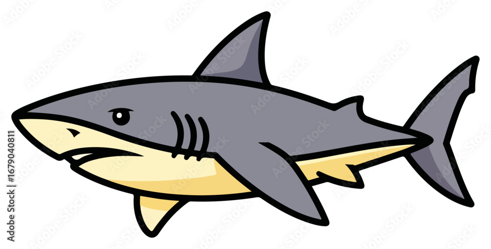 Fototapeta premium A cartoon illustration of a grey shark with yellow accents swimming.