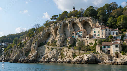 View from the Gironde estuary with the limestone cliff of the village of Meschers sur Gironde and its troglodytic houses and traditionnal typical wooden fisherman cabins, Charente maritime, France