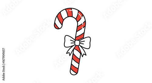 A festive red and white striped candy cane with a white bow ornament