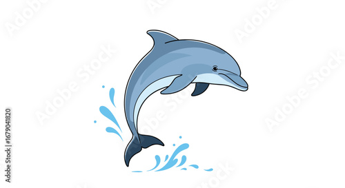 Oceanic mammal leaping from blue water with joyful expression