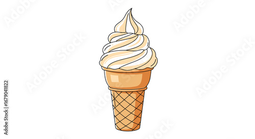 A delicious swirled vanilla soft serve ice cream cone on a white background
