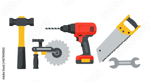 Assortment of Construction Tools: Hammer Drill Saw Wrench.