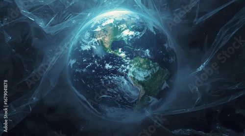 A depiction of Planet Earth enveloped in thick, transparent plastic