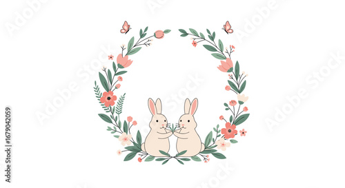 Adorable twin rabbits nestled within a beautiful floral garland celebration