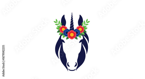 Beautiful unicorn head adorned with colorful flowers and green leaves