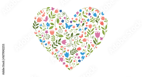 A beautiful heart shape formed by delicate flowers and green leaves with fluttering butterflies
