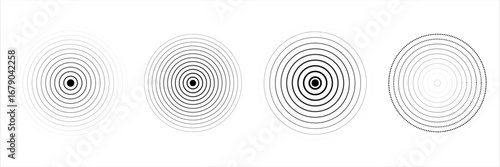 Radar icons, sonar waves, radial concentric signal circles, echo sounder symbols. Vector linear black and white and halftone illustration isolated on a transparent background.
