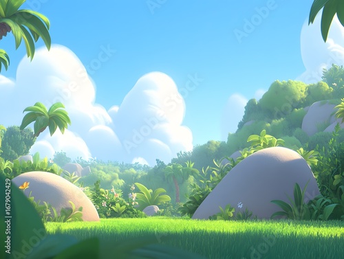 Cartoon Tropical Island Landscape Sunny Day Green Grass Rocks Palm Trees