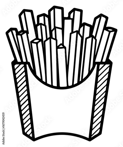 Simple black and white line art of french fries in a carton.