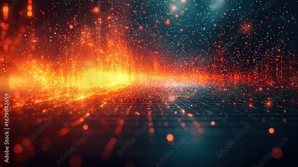 Fototapeta premium Dynamic abstract background of glowing particles and aves, creating a vibrant dgital landscape for technoogy and innovation themes.