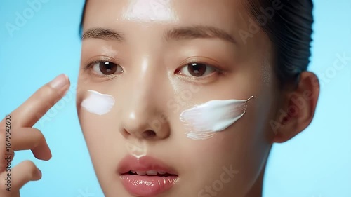 Radiant Young Woman Applying Skincare Cream on Her Face In Close Up Light Blue Background Demonstrating Gentle Touch and Creamy Texture Perfect for Beauty Ads Promotion and Educational Material