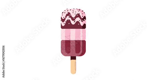 Delicious layered popsicle with chocolate and pink flavors on a wooden stick