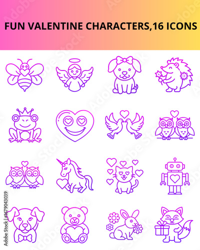 Fun Valentine's Day-themed character icons in pink line art style  