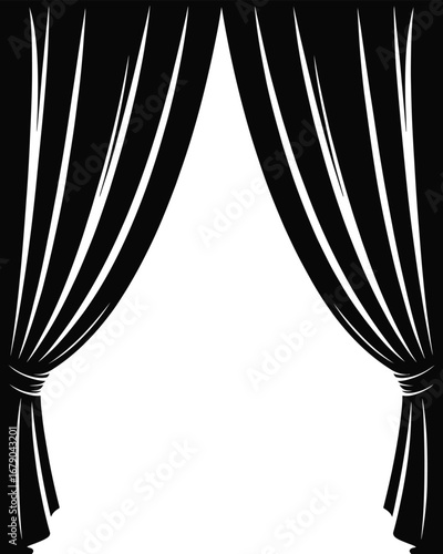 Dramatic black curtains revealing a bright white space