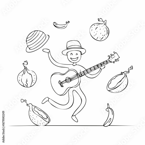Happy Stick Figure Musician Jumping and Playing Guitar