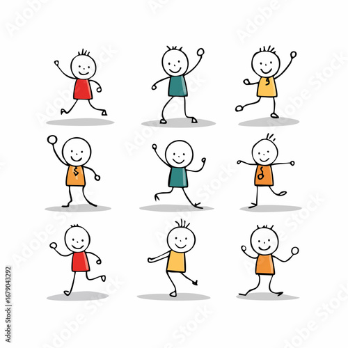 Set of Happy and Active Stick Figures in Various Poses