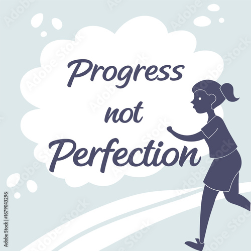 Minimalist motivational text design featuring the phrase progress not perfection in a clean modern typographic style suitable for inspirational graphics and decor