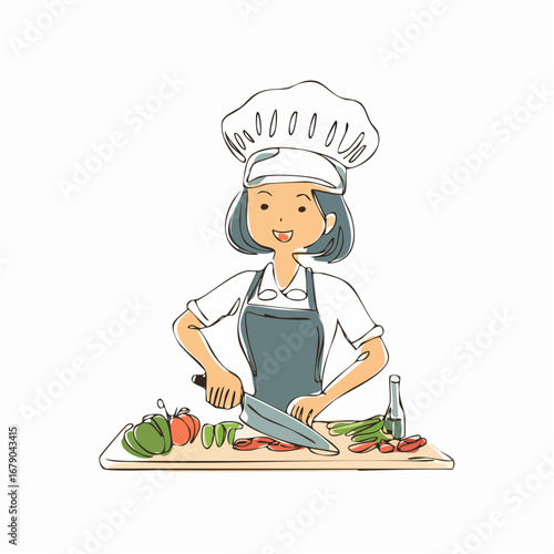Happy Female Chef Chopping Vegetables in the Kitchen