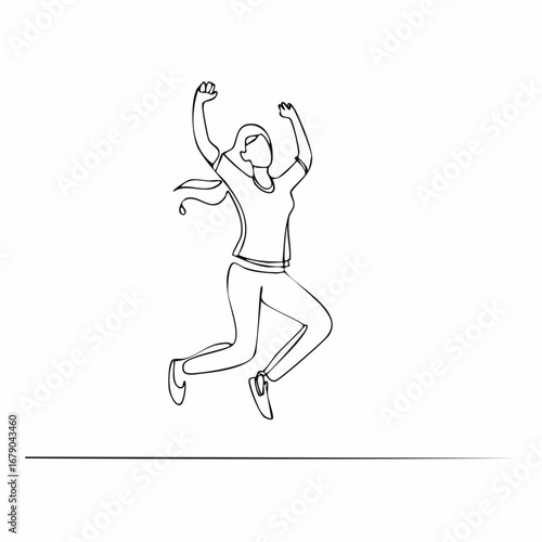 Continuous Line Drawing of a Joyful Woman Jumping in the Air