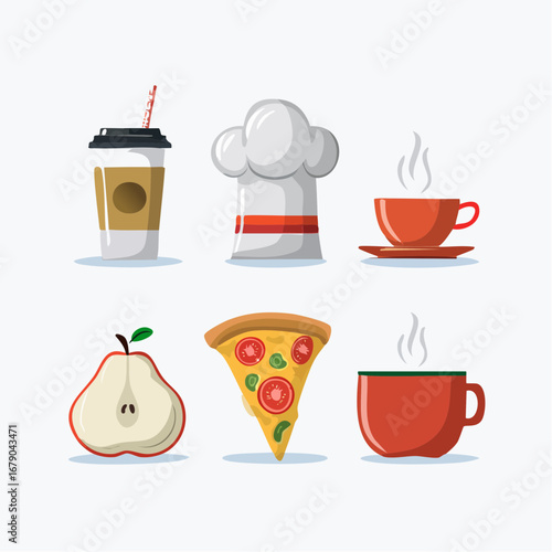 Flat Vector Food and Drink Icons Collection with Pizza, Pear, and Coffee