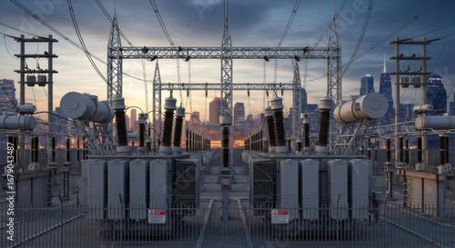Electrical power substation with transformers and high voltage lines. Urban electricity system for city energy supply at sunset.