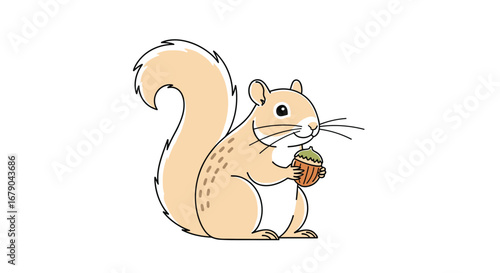 Cute cartoon squirrel holding a single acorn in its paws