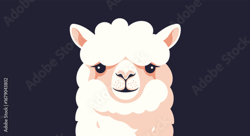 Adorable fluffy white alpaca with dark eyes and a pink nose on a dark background