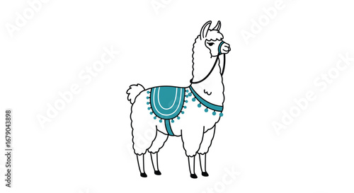 Cute cartoon llama wearing decorative harness and saddle blanket