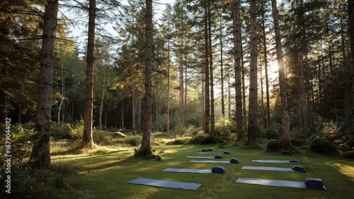 Morning yoga session in a tranquil forest setting embraces nature's beauty and well-being