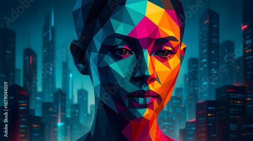 Low-poly Woman, Futuristic Cityscape, Abstract Portrait, Cyberpunk Style, Serene Mood, Digital Art, Neon Lights, Vivid Colors, Technology Theme, Modern Design.