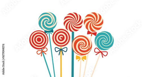 Collection of brightly colored swirl lollipops on sticks