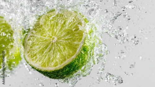 Juicy lime slices break the surface of water, sending droplets flying in every direction. This lively moment captures freshness and vitality, perfect for food and drink inspiration.