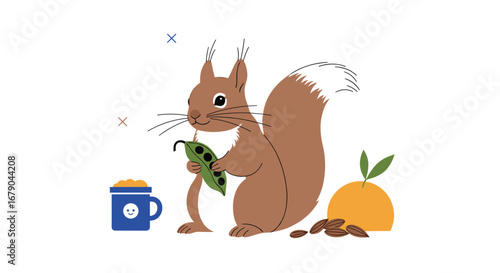 Charming squirrel enjoys healthy snack of peas next to coffee mug and orange fruit