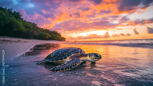Sea Turtle on Sandy Beach at Sunset