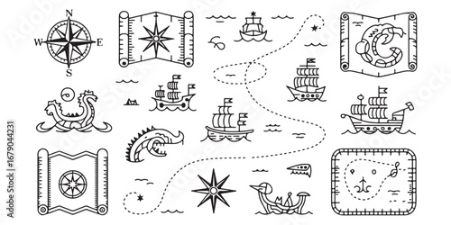 Collection of vintage hand drawn pirate maps and nautical elements in black and white sketch style