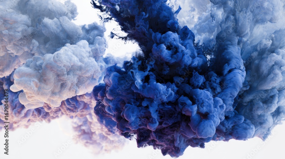 Fototapeta premium Billowing clouds of smoke in rich blue and soft white intertwine in a mesmerizing display. This captivating visual evokes a sense of movement and fluidity, highlighting color blending.