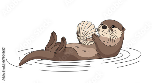 Adorable otter floats on back cracking open seashell with tool