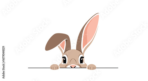 Cute brown rabbit peeking over a white surface with large ears