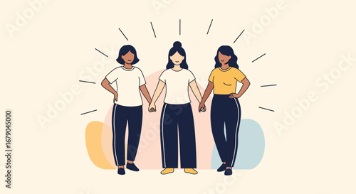 Three diverse women holding hands in solidarity supporting each other and celebrating unity