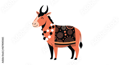 A happy donkey wearing a colorful decorated blanket and beads