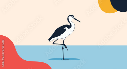 Artistic representation of a graceful bird standing on one leg in a serene water body