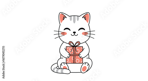 Adorable kitten joyfully holds a wrapped gift box ready for celebration