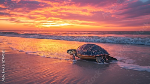 Sea Turtle Emerging On Beach At Sunset