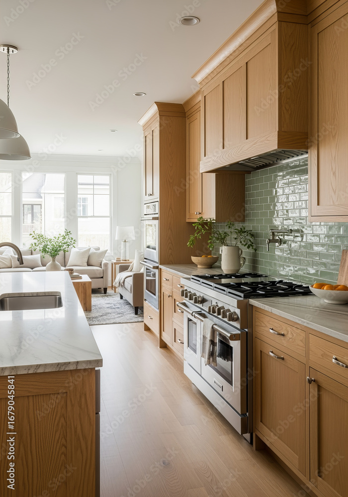 Fototapeta premium Modern kitchen with wooden cabinets and green tile backsplash 