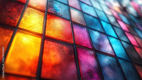 Vibrant stained glass panels in a kaleidoscope of coors, creating a stunning vsual display that enhancesany artistic or architectual project.