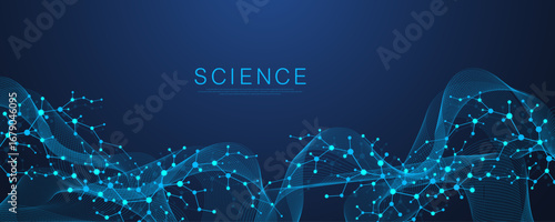 Molecular abstract structure and genetic engineering DNA. Healthcare and medicine background concept. Scientific research background. Wave flow. Innovation pattern. Vector illustration.