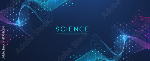 Molecular abstract structure and genetic engineering DNA. Healthcare and medicine background concept. Scientific research background. Wave flow. Innovation pattern. Vector illustration.