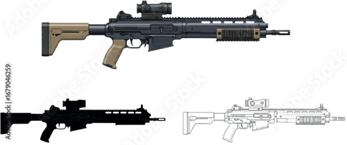 XM25 CDTE Punisher Grenade Launcher Vector Set – Color Realism, Bold Silhouette & Technical Blueprint Line Art | Modern Military Weapon Illustration

